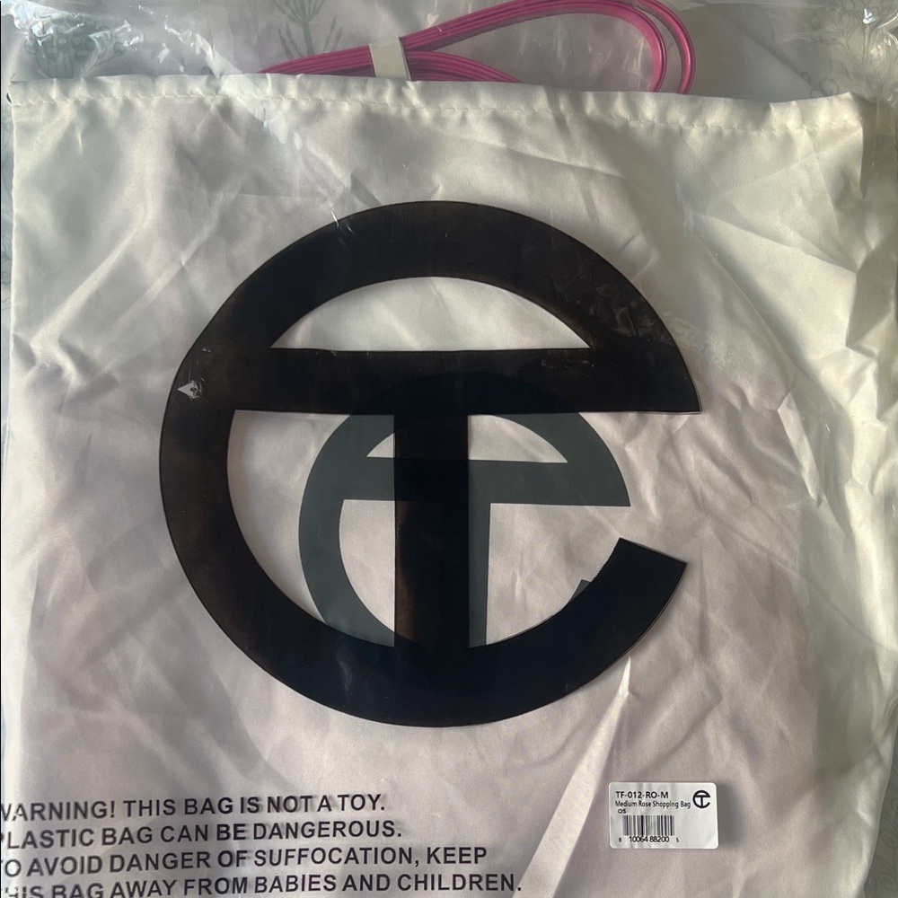 Telfar White Tote with Black Logo and Pink Handles